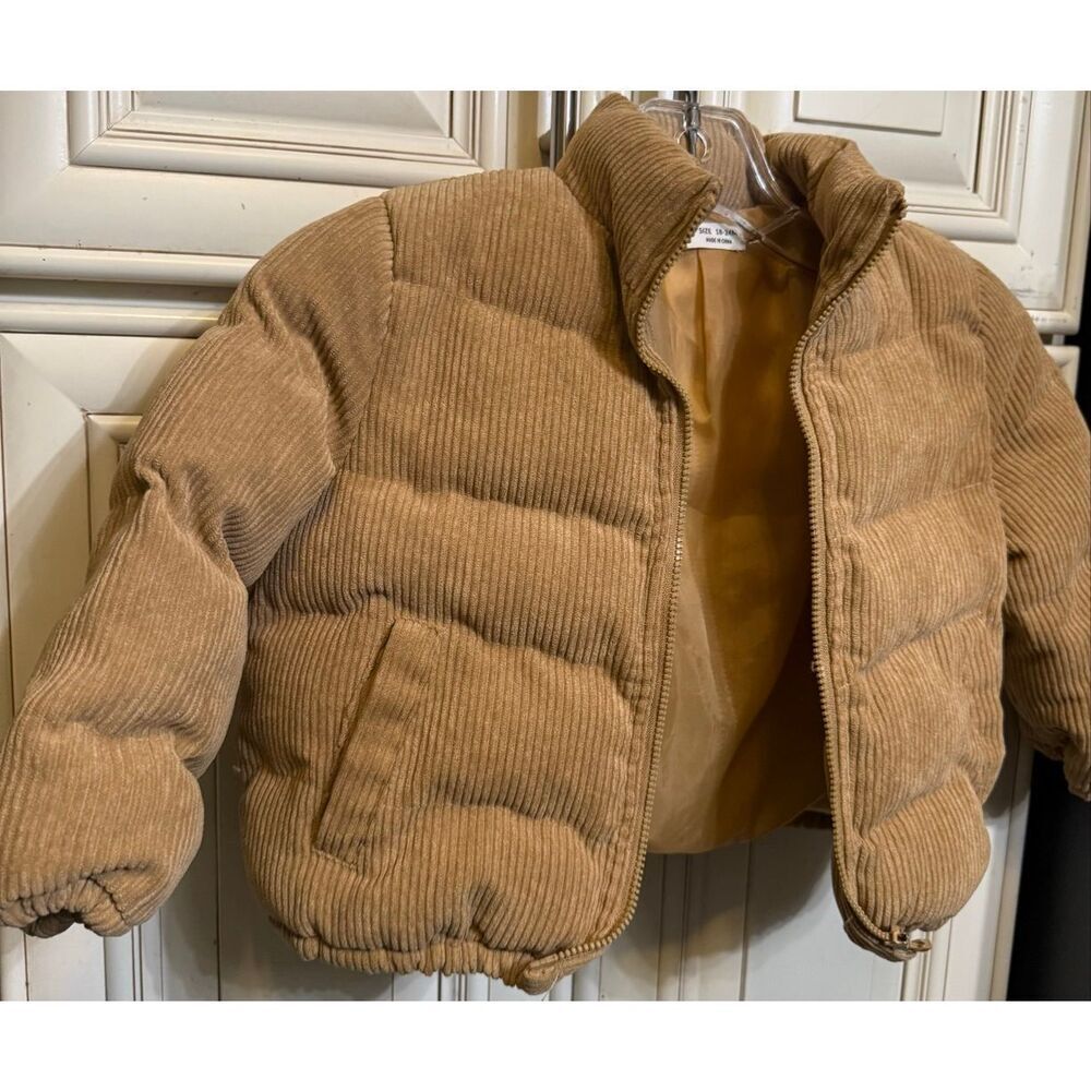 SHEIN Toddler Girls' Quilted Corduroy Full Zip Jacket Brown Size 18-24 Months